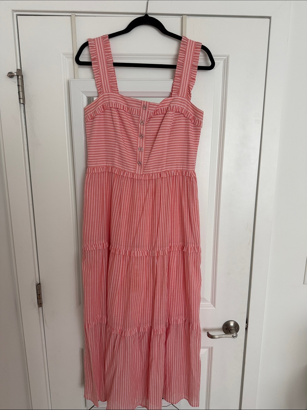 Gal Meets Glam Pink and White Striped Tiered Midi Dress